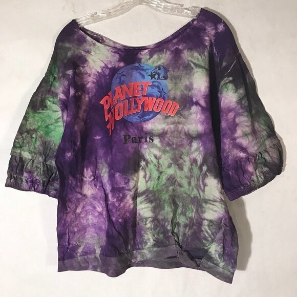 Planet Hollywood Paris Puffy Sleeves Vintage Reworked Tie Dye Shirt Purple Large - Picture 3 of 8